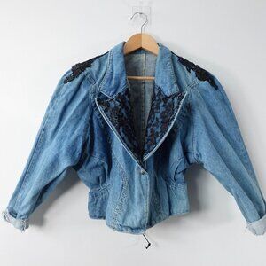 Vintage Cropped Jean Jacket XS Denim Floral Steampunk Retro Grunge Victorian 70s